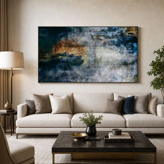 Quadro em Canvas Abstrato com Moldura Prata Envelhecida Elegante 160x90 cm