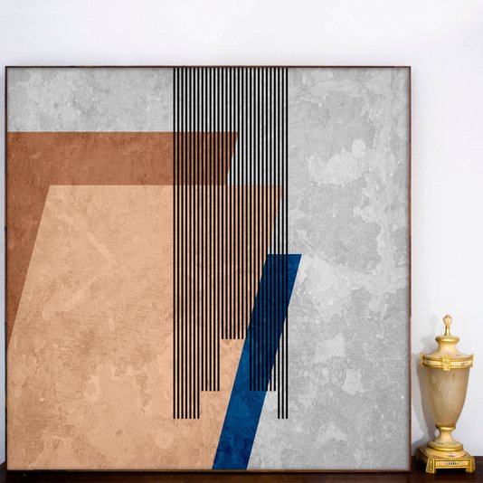 Quadro em Canvas Arte Geométrica Vibrante com Moldura Marrom: Estilo e Cores em Foco 100x100 cm