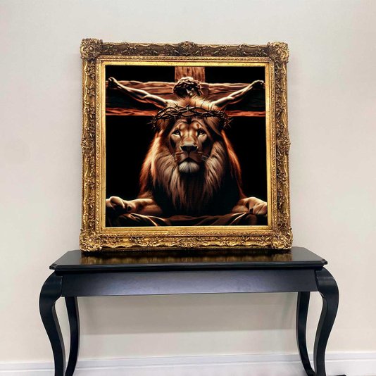 Quadro em Canvas com Moldura Clássica Dourada Leão com Coroa de Espinhos
