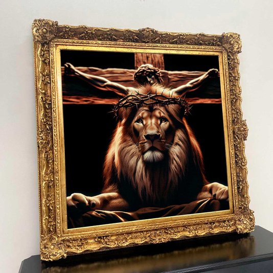 Quadro em Canvas com Moldura Clássica Dourada Leão com Coroa de Espinhos