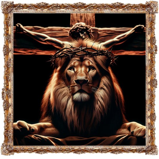 Quadro em Canvas com Moldura Clássica Dourada Leão com Coroa de Espinhos