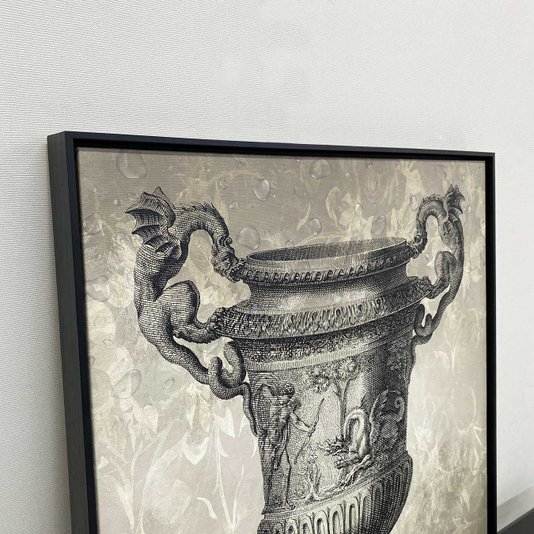 Quadro em Canvas com Moldura Preta Imagem Ânfora Arte Medieval Dragões