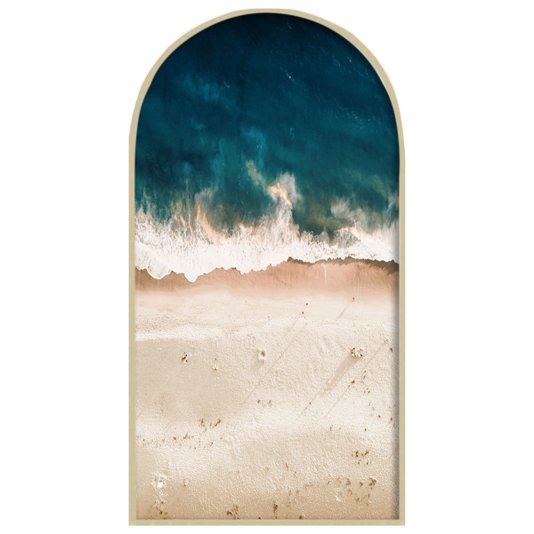 Quadro em Formato Janela da Beira Mar Águas Claras com Moldura Marupá Natural