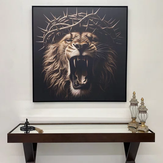 Quadro em Tela Canvas Leão com Coroa de Espinhos: Arte Impactante 120x120 CM