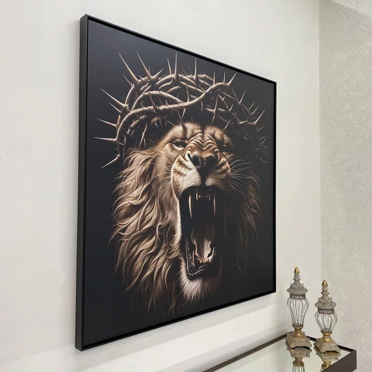 Quadro em Tela Canvas Leão com Coroa de Espinhos: Arte Impactante 120x120 CM