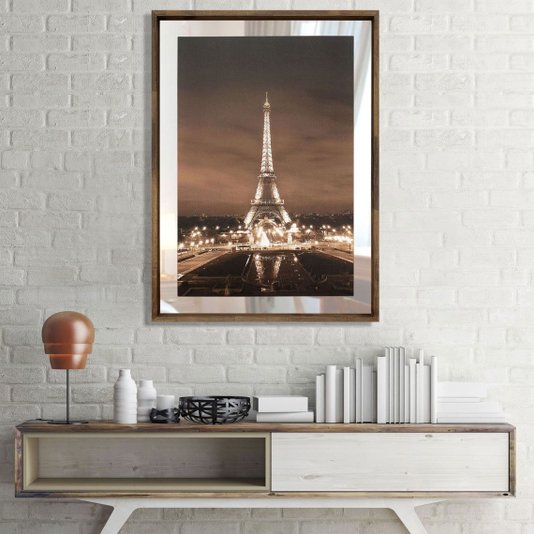 Quadro em Tela Torre Eiffel Com Espelho e Moldura Rústica 80x110cm