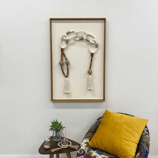 Quadro Escultura Correntes Tridimensional em Corda, Sementes e Madeira 70x100 cm