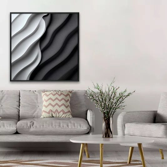 Quadro Estilo Relevo 3D em Ondas Fluidas Abstrato Moderno com Moldura e Vidro