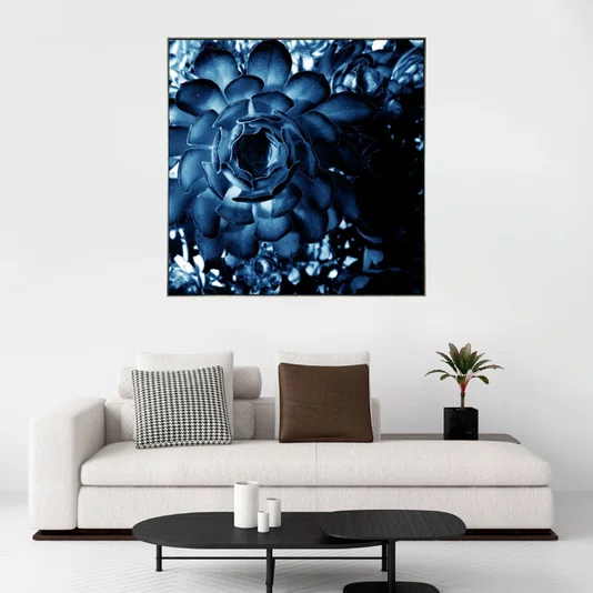 Quadro Floral Azul em Tela Canvas Planta Suculenta - 70x70 cm