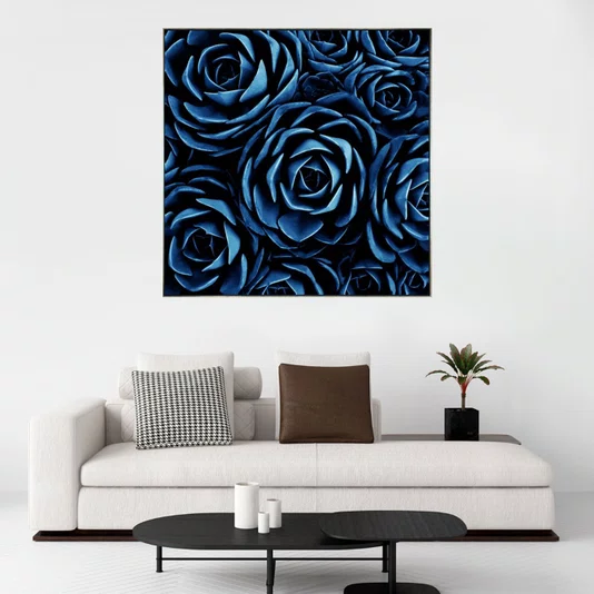 Quadro Floral Azul em Tela Canvas Planta Suculenta III - 70x70cm