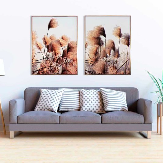Quadro Floral com Moldura Chanfrada Silhueta Flores Secas de Junco - Escolha o Tamanho
