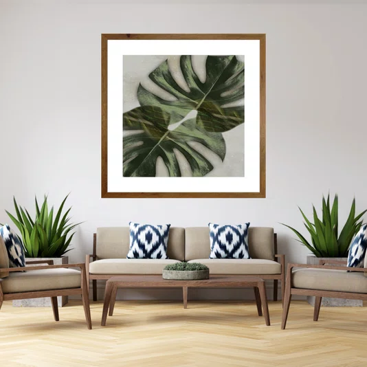 Quadro Floral com Moldura Rústica Folha de Adão 70x70cm