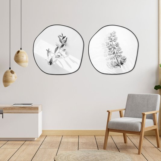 Quadro Floral Preto e Branco Decorativo Formato Orgânico com Moldura MDF Preto