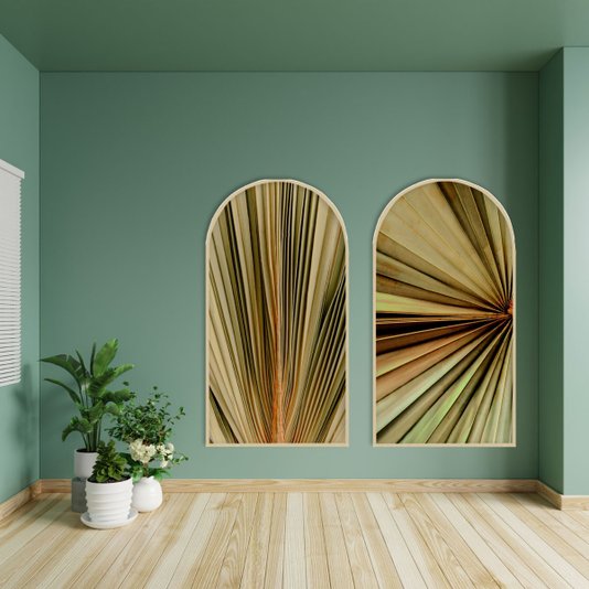 Quadro Folha de Palmeira Verde Tropical em Formato Janela com Moldura Marupá