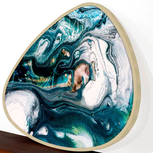 Quadro Formato Orgânico com Moldura em Madeira Marupá Abstrato Azul Galáxia