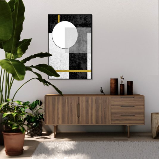 Quadro Geométrico Abstrato Texturas Preto, Branco e Amarelas - Escolha o Tamanho