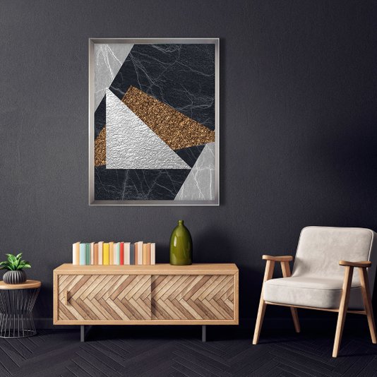 Quadro Geométrico Moderno com Moldura Chanfrada Prata 75x95 cm