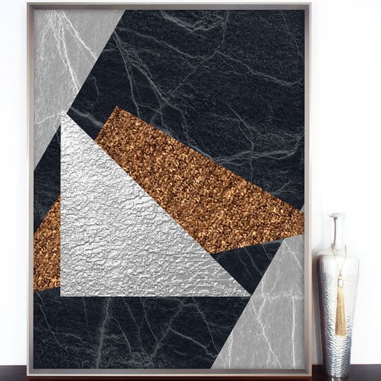 Quadro Geométrico Moderno com Moldura Chanfrada Prata 75x95 cm