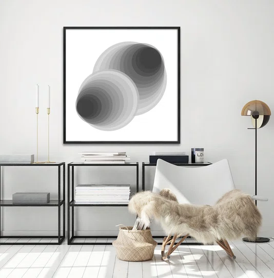 Quadro Geométrico Profundo Circular Abstrato Preto e Branco com Moldura e Vidro