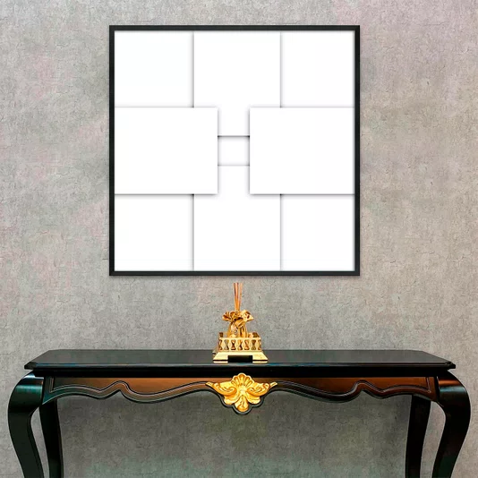 Quadro Geométrico Sobreposto Branco Arte Abstrata Moderna com Moldura e Vidro