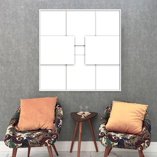 Quadro Geométrico Sobreposto Branco Arte Abstrata Moderna com Moldura e Vidro
