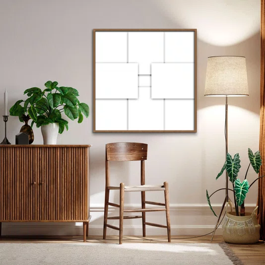 Quadro Geométrico Sobreposto Branco Arte Abstrata Moderna com Moldura e Vidro