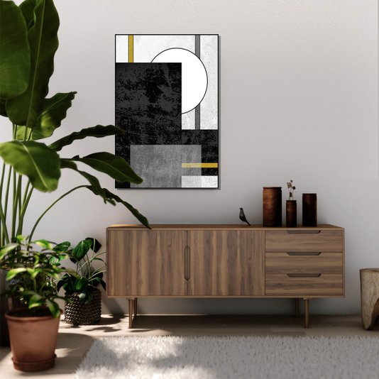 Quadro Geométrico Texturas Preto e Branca e Amarelas - Escolha o Tamanho