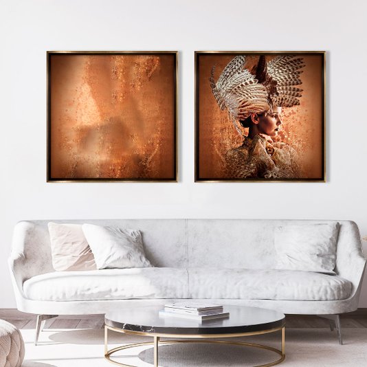 Quadro Grande com Moldura Chanfrada Bronze Arte Abstrata 120x120 cm