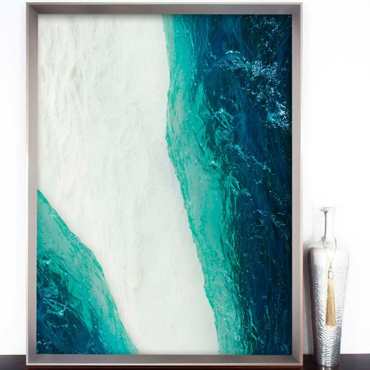 Quadro Grande com Moldura Robusta Prata Arte Abstrata com Tons Azuis Ocean