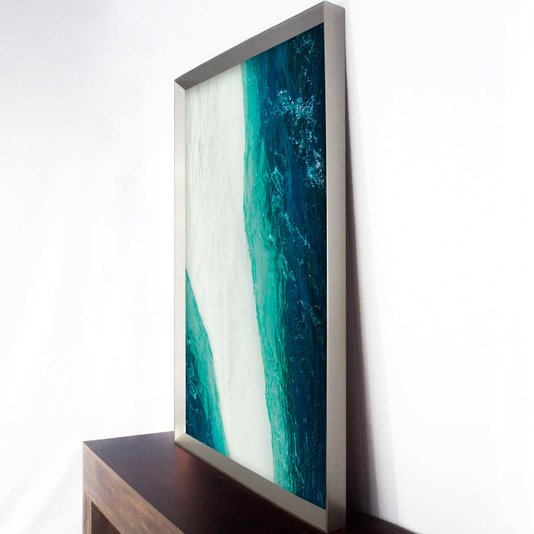 Quadro Grande com Moldura Robusta Prata Arte Abstrata com Tons Azuis Ocean