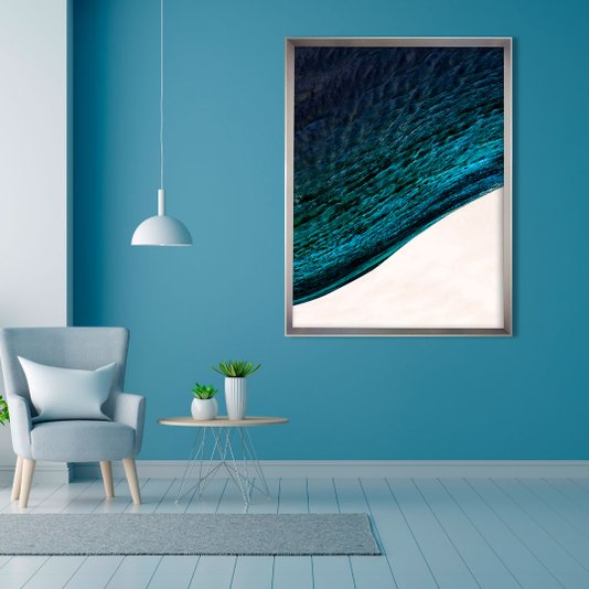 Quadro Grande Decorativo Arte Abstrata Ocean com Tons de Azul Moldura Chranfrada