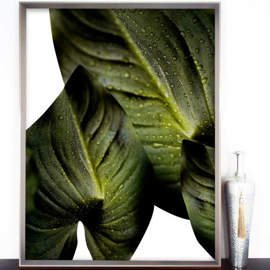 Quadro Grande Decorativo com Moldura Robusta Prata Chanfrada Imagem Folhas Verdes