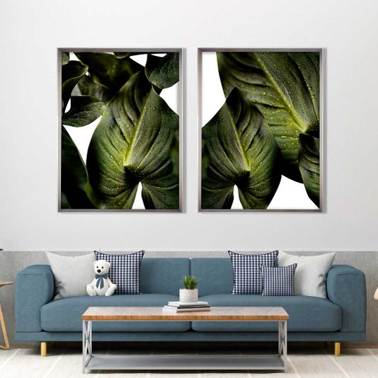 Quadro Grande Decorativo Folhas Verdes com Moldura Robusta Prata Chanfrada