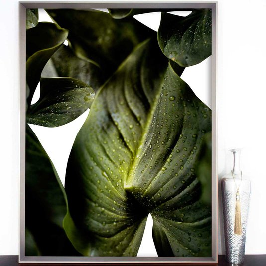 Quadro Grande Decorativo Folhas Verdes com Moldura Robusta Prata Chanfrada