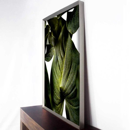 Quadro Grande Decorativo Folhas Verdes com Moldura Robusta Prata Chanfrada