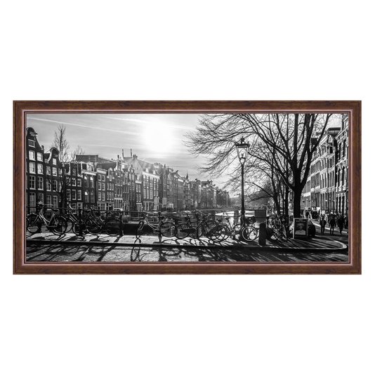 Quadro Grande em Preto e Branco Paisagem Amsterdam com Moldura Marrom 120x60cm