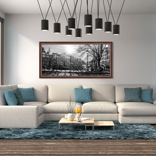 Quadro Grande em Preto e Branco Paisagem Amsterdam com Moldura Marrom 120x60cm