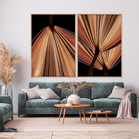 Quadro Grande Floral com Moldura Laminada Folhagens em Tons de Bege - Escolha o Tamanho