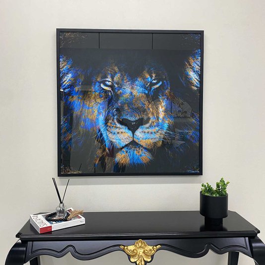 Quadro Grande Leão de Judá Colorido Tons Azuis para Sala Tamanhos Especiais
