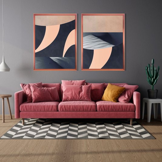 Quadro Grande Arte Moderna Abstrata e Dunas Moldura Rosê Gold Chanfrada