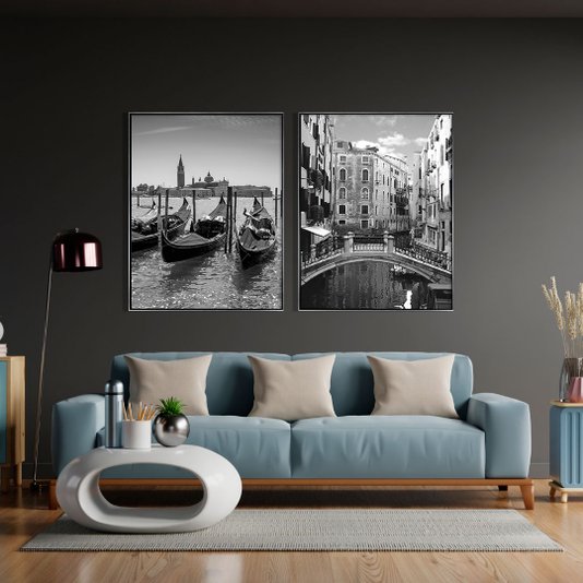 Quadro Grande Paisagem Veneza com Gôndolas em Preto e Branco - Versatilidade e Sofisticação