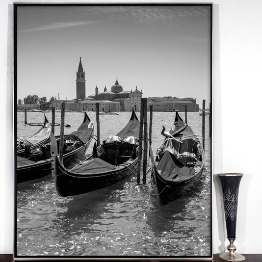 Quadro Grande Paisagem Veneza com Gôndolas em Preto e Branco - Versatilidade e Sofisticação