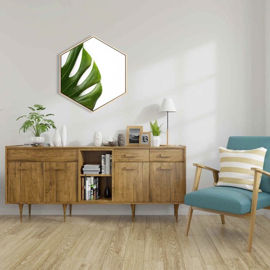 Quadro Hexagonal Folha Costela de Adão Tela Canvas com Moldura
