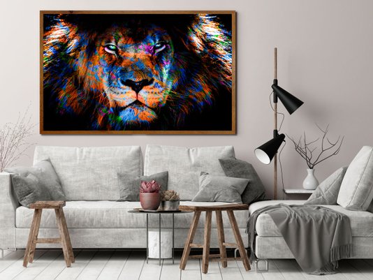 Quadro Leão de Judá Colorido com Moldura Rústica | Para uma Decoração Única e Imponete