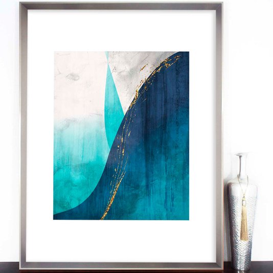 Quadro Moderno Arte Abstrata Azul Mountain com Moldura Prata Robusta