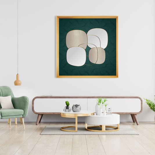 Quadro Moderno com Fundo Verde Abstrato e Moldura Dourada 95x95 cm