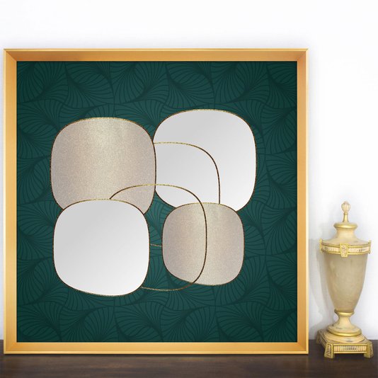 Quadro Moderno com Fundo Verde Abstrato e Moldura Dourada 95x95 cm