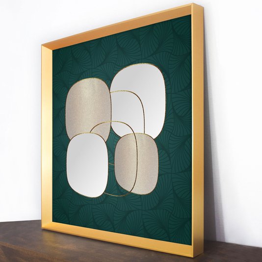 Quadro Moderno com Fundo Verde Abstrato e Moldura Dourada 95x95 cm