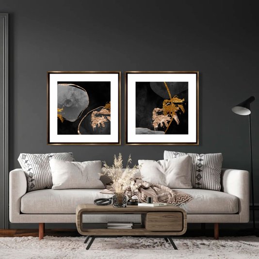 Quadro Moderno com Moldura Chanfrada Bronze Arte Moderna Abstrata 90x90 cm