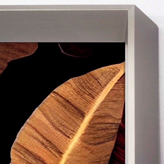 Quadro Moderno Folhas em Tons Quentes com Moldura Prata Chanfrada 95x145 cm